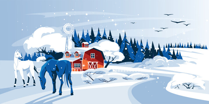 traditional red farmhouse with outbuildings, barn in snowy winter landscape. Horses in the snow. Ranch. Flat vector illustration