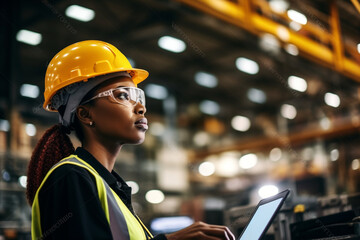 Portrait of a Black Female Engineer in Hard Hat Standing and Using Laptop Computer at Electronic Manufacturing Factory, Technician Thinking About Daily Tasks and Working on Project Pipeline