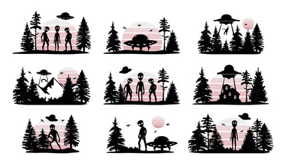 aliens, forest vector silhouette set. alien arrival vector silhouette