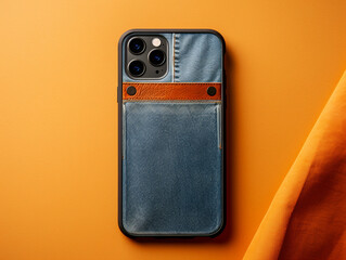 A modern smartphone case made from recycle denim on isolated orange background.