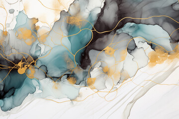 Abstract fluid ink washed painting background with turquoise , blue, black and gold sparkling golden strokes.