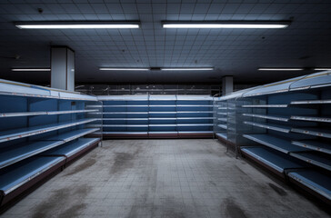 Supermarket with empty shelves for goods. Concept: sale and demand for purchases, deficit, excitement and epidemic, difficult economic situation - obrazy, fototapety, plakaty