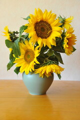 Beautiful ,freshly cut decorative sunflower flowers in a large green vase on the table