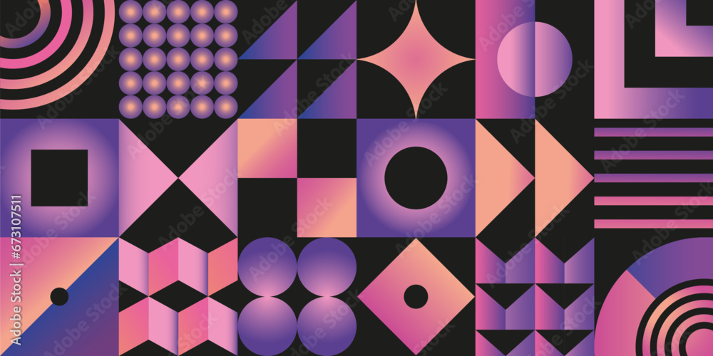 Poster Geometric figures. Abstract gradient poster. Future art pattern with simple shapes. Squares and circles collage. Modern symbols. Bauhaus print. Mosaic composition. Vector design background