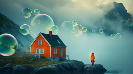 Serene landscape with orange-jacketed person gazing at soap bubbles over misty fjord and traditional scandinavian houses. Generative AI - obrazy, fototapety, plakaty