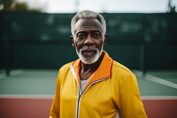 Portrait of a senior black man on the tennis court