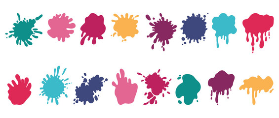 Paint stains. Colorful splash, splat drops, color ink drip, liquid brush splatter, blot or spray blotch. Different shapes silhouettes with flowing drop. Abstract graffiti. Vector cartoon symbols