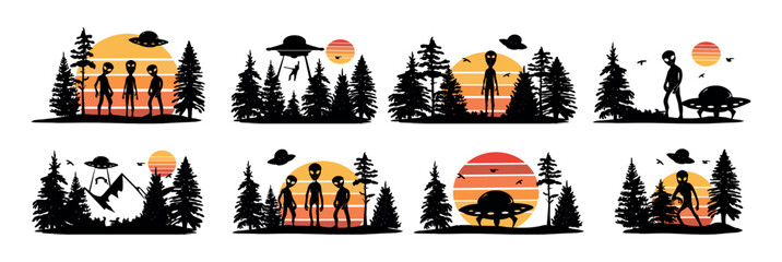 Alien UFO silhouette, forest vector