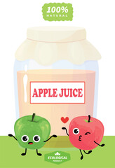 Apple characters. Organic fruits. Juice bottle. Cartoon food mascots with happy faces. Fresh juicy product. Natural vitamin nutrition. Healthy vegetarian ingredient. Vector design banner