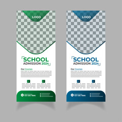 School admission 2024 Roll up banner design template | Greeen and Blue banner layout, advertisement, rollup, display, flag-banner, infographics, presentation | Gradients