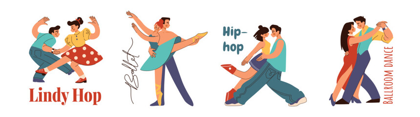 Couple dance. Man and woman dancers. Lindy Hop. Salsa and tango. Ballroom dancing. Latino rumba poster. Hip-hop pair. Cute ballerina. Vector choreographic studio cartoon banners set - obrazy, fototapety, plakaty
