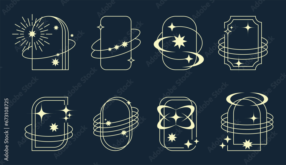 Poster y2k frames. design logo. outline banner with arrows or stars. retro borders template. circle and squ