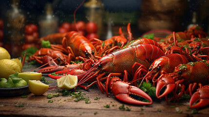 Asian Chinese Food of Spicy Crayfish Dish on Selective Focus Background