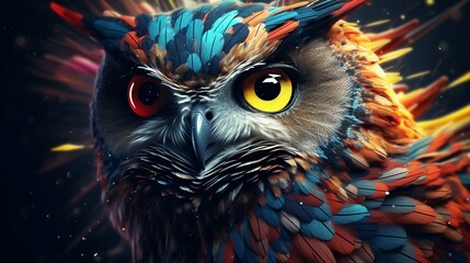 A captivating 3D rendering of an abstract owl portrait with a colorful double exposure paint effect 