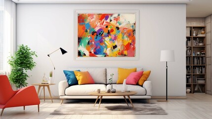 cheerful and happy mood living room idea of home décor design with colorful abstract painting art wall hanging picture, mockup idea