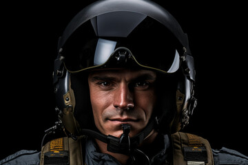 Portrait of Confident air-force pilot wearing his helmet visor-down while isolated on black background