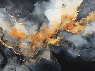 High-resolution abstract fluid art painting in alcohol ink technique, featuring a luxurious blend of black, gray, and gold paints. Imitating the look of a marble 