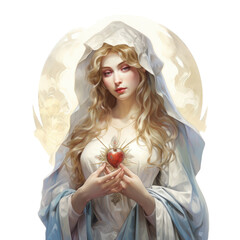 Virgin Mary's Loving Heart: A Watercolor Portrait, transparent background