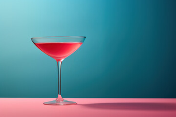 Cosmopolitan cocktail , alcohol drink made with vodka, orange liqueur, lime fresh, cranberry juice on blue background., copy space