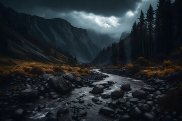 Fototapeta premium gloomy landscape, dark sky, realistic image, quality details - AI Generative
