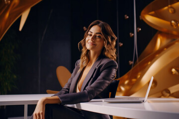 Fototapeta na wymiar Portrait Of Happy Business Woman Sitting In The Office