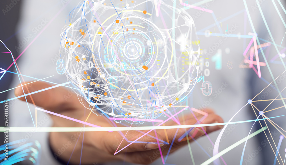 Poster Global network. Blockchain. 3D illustration. Neural networks and artificial intelligence. Abstract
