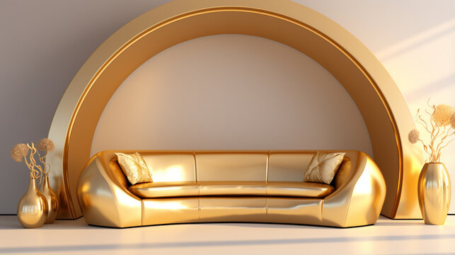 Interior of a luxury modern gold living room with sofa and big abstract arch. Generative AI