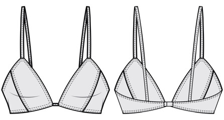 Triangle denim bra design flat sketch fashion illustration vector template, Classic triangular bikini Bra women's lingerie cad drawing template