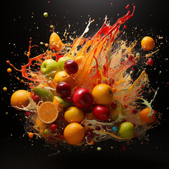 dynamic art made of fruits like an orange, an apple, ginger, and a lemin - all cut in half created with Generative Ai