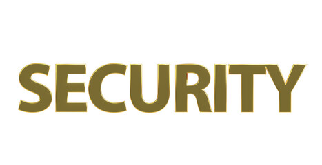 Security Sicherheit goldene plakative 3D-Schrift, Vertrauen, Schutz, Vorsorge, Gefahrenabwehr, Risikomanagement, Prävention, Sicherheitsmaßnahmen, Datenschutz,  Cybersecurity, Rendering, Freisteller
