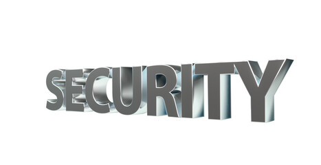 Security Sicherheit silberne plakative 3D-Schrift, Vertrauen, Schutz, Vorsorge, Gefahrenabwehr, Risikomanagement, Prävention, Sicherheitsmaßnahmen, Datenschutz,  Cybersecurity, Rendering, Freisteller
