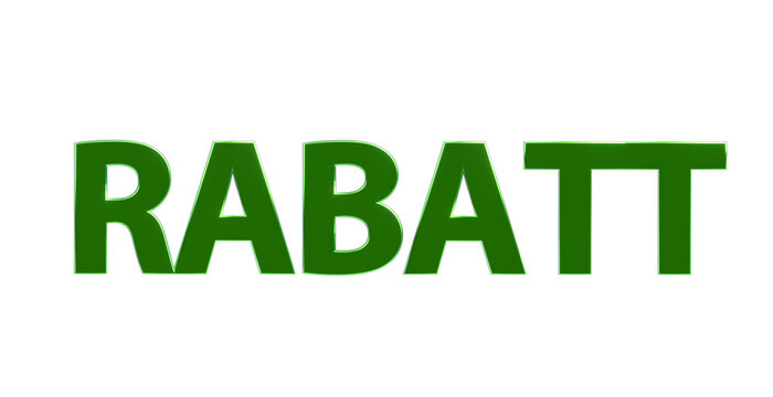 Rabatt gr&uuml;ne plakative 3D-Schrift, Aktionsangebot, Erm&auml;&szlig;igung, Verg&uuml;nstigung, Sonderpreis, Schn&auml;ppchen, reduzierter Preis, Preisnachlass, Aktion, Sonderaktion, Gutschein-Code, Rendering, Freisteller