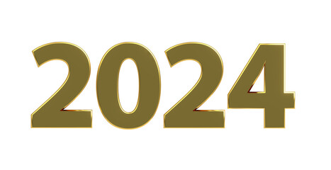 Jahr 2024  goldene plakative 3D-Schrift, Zukunft, Technologie, Fortschritt, Innovation, Trends, Visionen, Prognosen, Digitalisierung, Künstliche Intelligenz, Rendering, Freisteller