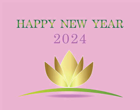 Text Template Happy New Year 2024 with lotus flower on pink background