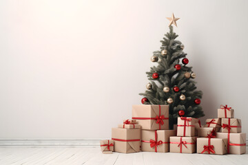 decorated christmas tree with a lot of gifts and presents in an empty white room