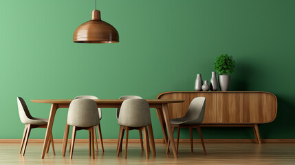 Design kitchen interior in green and brown colors. Minimalist loft style. Dining table and chairs. Generative AI