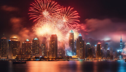 Vibrant fireworks illuminating a city skyline, exploding in colorful bursts creating a spectacular and mesmerizing display against the night