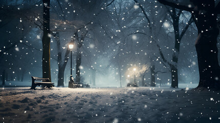 Snowfall in a winter park at night