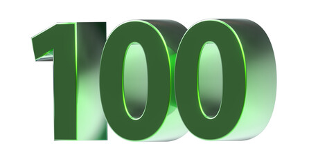 100 plakative grüne metallische 3D-Zahl, einhundert, Jubiläum, Euro, Dollar, Preis, Kosten, Prämie,  Betrag, Gutschrift, Gewinn, Kapital, Business, Freisteller, Rendering