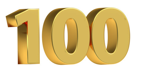 100 plakative goldene metallische 3D-Zahl, einhundert, Jubiläum, Euro, Dollar, Preis, Kosten, Prämie,  Betrag, Gutschrift, Gewinn, Kapital, Business, Freisteller, Rendering