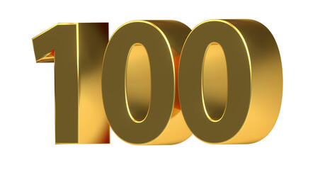 100 plakative goldene metallische 3D-Zahl, einhundert, Jubiläum, Euro, Dollar, Preis, Kosten, Prämie,  Betrag, Gutschrift, Gewinn, Kapital, Business, Freisteller, Rendering