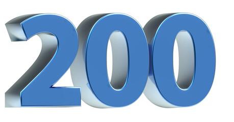 200 plakative blaue metallische 3D-Zahl, zweihundert, Euro, Dollar, Preis, Kosten, Prämie,  Betrag, Gutschrift, Gewinn, Kapital, Business, Freisteller, Rendering