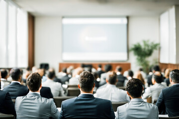 Back view of professionals attending a conference, with a focus on their attire and a projector screen in front. - obrazy, fototapety, plakaty