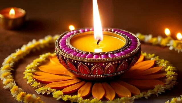 Burning diya lamps on a colorful rangoli for diwali