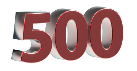 500 plakative metallische 3D-Zahl rot, fünfhundert, Euro, Dollar, Preis, Kosten, Prämie,  Betrag, Gutschrift, Gewinn, Kapital, Business, Freisteller, Rendering