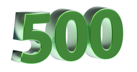 500 plakative metallische 3D-Zahl grün, fünfhundert, Euro, Dollar, Preis, Kosten, Prämie,  Betrag, Gutschrift, Gewinn, Kapital, Business, Freisteller, Rendering