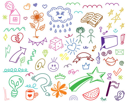 Hand drawn colorful set of simple decorative elements. Various icons such as hearts, stars, speech bubbles, arrows, lines isolated on white background.