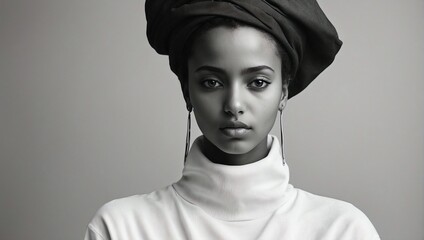 A minimalist black and white portrait of an young woman, high key