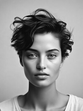 A minimalist black and white portrait of an young woman, high key