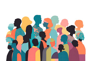 A colorful illustration of diverse silhouetted people in profile view.